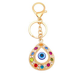 Golden Alloy Rhinestone Keychain, with Alloy Key Rings & Lobster Claw Clasps and Resin, Evil Eye, Teardrop Pattern, 12.2cm