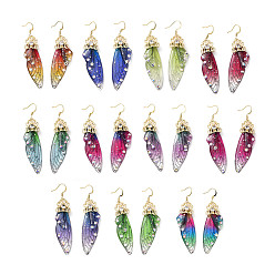 Mixed Color Resin Butterfly Wing Dangle Earrings with Clear Cubic Zirconia, Real 18K Gold Plated Brass Jewelry for Women, Cadmium Free & Lead Free, Mixed Color, 70mm, Pin: 0.7mm