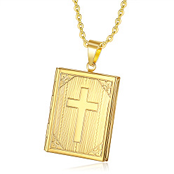 Golden Titanium Steel Rectangle with Cross Pendant Necklace, Photo Locket Necklaces, Golden, 19.69 inch(50cm)