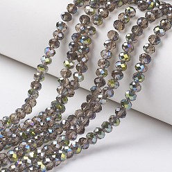 Silver Electroplate Transparent Glass Beads Strands, Half Green Plated, Faceted, Rondelle, Silver, 6x5mm, Hole: 1mm, about 92~94pcs/strand, 17~17.5 inch(42.5~43.75cm)