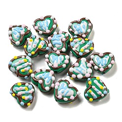 Sea Green Hand Painted Acrylic with Enamel Beads, Heart, Sea Green, 15~18.5x19
~21x10~15mm, Hole: 2.2mm