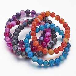 Mixed Color Natural Striped Agate/Banded Agate Beaded Stretch Bracelets, Round, Mixed Color, 2-1/8 inch(55mm)