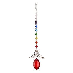Red Glass Horse Eye Prisms Suncatchers Hanging Ornaments, with Alloy Wing, for Home, Garden Decoration, Red, 210x21~22mm