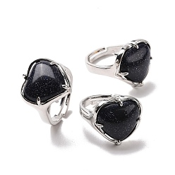 Синий Драгоценный Камень Регулируемое кольцо в форме сердца из синтетического золота с голубым золотым камнем, украшения из латуни для женщин, без свинца и без кадмия, платина, внутренний диаметр: 16.5~21 мм