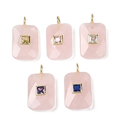 Розовый Кварц Природного розового кварца подвески, Подвески с прямоугольной огранкой и латунной микропаве из кубических цирконий разных цветов, золотые, 25x18x6~8 мм, отверстие : 2.5x3.5 мм