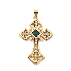 Темно-Зеленый Стойка из латуни с подвесками из кубического циркония и имитацией жемчуга из АБС-пластика, долговечный, без свинца и без кадмия, крест прелести, темно-зеленый, 40x26.5x3.5 мм, отверстие : 5x3 мм