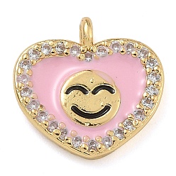 Pink Стойка покрытие латунь микропаве прозрачный кубический цирконий с эмалевыми подвесками, долговечный, без свинца и без кадмия, реальный 18 k позолоченный, сердце с рисунком улыбающегося лица, розовые, 12x11.5x2 мм, отверстие : 1.2 мм