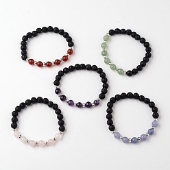 Mixed Stone Natural Lava Rock Beaded Stretch Bracelets, with Gemstone Beads and Tibetan Style Alloy Beads, 55mm