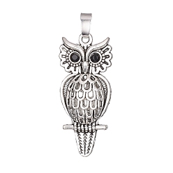 Jet Antique Silver Plated Alloy Pendants, with Rhinestone, Owl, Jet, 41x18x9mm, Hole: 7x4mm