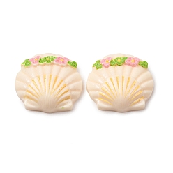 Beige Opaque Resin Cabochons, Shell Shape with Flower, Beige, 21x22x7mm