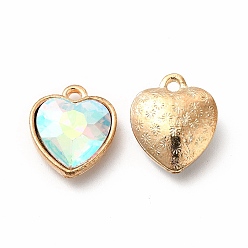 Clear AB Faceted Glass Rhinestone Pendants, with Golden Tone Zinc Alloy Findings, Heart Charms, Clear AB, 16.5x14x6.5mm, Hole: 1.6mm