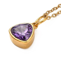 Dark Violet Triangle Cubic Zirconia Pendant Necklaces, Ion Plating(IP) 304 Stainless Steel Cable Chain Necklace for Women, Golden, Dark Violet, 17.91 inch(45.5cm)
