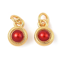 Красный Латунь эмаль подвески, круглые подвески, долговечный, без свинца и без кадмия, реальный 24 k позолоченный, с целью перехода в кольце, красные, 8.5x6x4 мм, отверстие : 2 мм