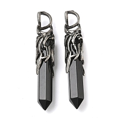 Обсидиан Природные подвески обсидиана, граненые подвески-пули с латунными крыльями дракона, античное серебро, 45~47x8.5~9 мм, отверстие : 6~6.5x4~4.5 мм