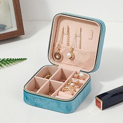 Sky Blue Square Velvet Jewelry Set Storage Zipper Box, for Necklace Ring Earring Storage, Sky Blue, 10x10x5cm