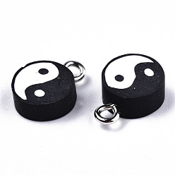 Black Handmade Polymer Clay Charms, with Platinum Tone Iron Findings, Flat Round with Yin Yang, Black, 13~14x9~10x4.5mm, Hole: 1.8mm