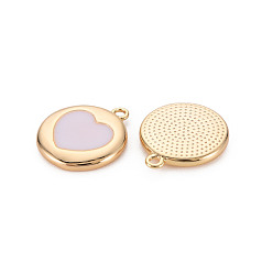 Lavender Brass Enamel Pendants, Nickel Free, Real 18K Gold Plated, Flat Round with Heart, Lavender, 16x14x2mm, Hole: 1.2mm