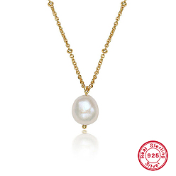 Real 18K Gold Plated 925 Sterling Silver Pendant Necklaces for Women, with Natural Baroque Pearl and Satellite Chains, Real 18K Gold Plated, 15.75 inch(40cm)