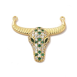 Green Rack Plating Brass Micro Pave Cubic Zirconia Connector Charms, Cadmium Free & Lead Free, Long-Lasting Plated, Cattle Head Links, Golden, Green, 25.5x27.5x5mm, Hole: 1mm