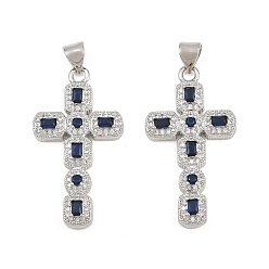 Bleu Foncé Micro cuivres ouvrent pendentifs zircone cubique, breloques en forme de croix octogonale, sans cadmium et sans plomb, platine, bleu foncé, 32x17.5x4mm, Trou: 5x3mm