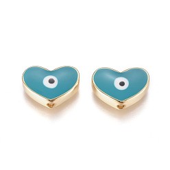 Темный Голубой Латунные бусины золотого тона, с эмалью, сердце с сглаза, темные голубые, 11x15x4.5 мм, отверстие : 1.6 мм