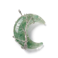 Green Aventurine Natural Green Aventurine Chips & Transparent Resin Big Pendants, Moon Charms, with Platinum Tone Brass Wire Wrapped, Cadmium Free & Lead Free, 52~53x36~37x14~16mm, Hole: 8mm