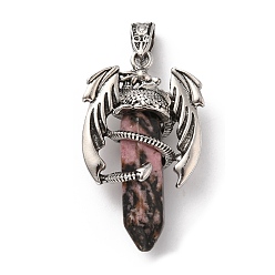 Rhodonite Natural Rhodonite Pointed Pendants, Faceted Bullet Charms, with Rack Plating Platinum Tone Alloy Dragon Findings, Cadmium Free & Lead Free, 39~41x24~25x13~14mm, Hole: 4x8mm