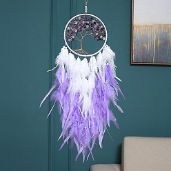 Amethyst Iron & Natural Amethyst Woven Web/Net with Feather Pendant Decorations, Flat Round with Tree of Life, Packaging: 320x180mm