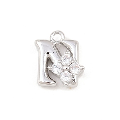 Letter N Латунные микропаве прозрачные кубические циркониевые подвески, долговечный, стойки покрытие, платина, без кадмия и без свинца, Письмо N, 10.5x8.5x3.5 мм, отверстие : 1.2 мм