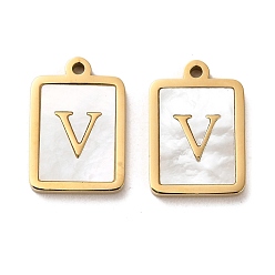 Letter V 304 Stainless Steel Pendants, with Shell, Rectangle Charms with Letter, Real 14K Gold Plated, Letter V, 18x12x2mm, Hole: 1.4mm