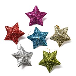 Mixed Color Plastic Glitter Star Pendant Decorations, Silk Ribbon Christmas Tree Hanging Decoration, Mixed Color, 43x46x16.5mm
