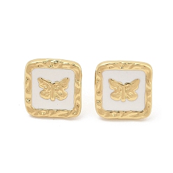 Белый PVD вакуумное покрытие золото 304 серьги-гвоздики из нержавеющей стали для женщин, с эмалью, квадратные с бабочкой, белые, 13x12.5 мм