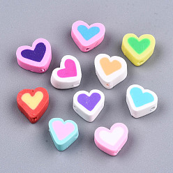Mixed Color Handmade Polymer Clay Beads, Heart, Mixed Color, 8~9.5x9~10x5mm, Hole: 2mm