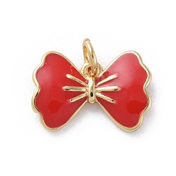 Red Enamel Charms, with Brass Findings, Bowknot, Golden, Red, 9x13x2mm, Hole: 2.5mm