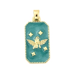 чирок Латунь эмаль подвески, Прямоугольник с ангелом, стойки покрытие, долговечный, без кадмия и без свинца, золотые, зелено-синие, 27.5x14x2.5 мм, отверстие : 5.5x3.5 мм