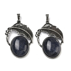 Синий Драгоценный Камень Синтетический синий авантюрин подвески, овальные подвески с латунным листом, античное серебро, 44x29.5x9 мм, отверстие : 8x5 мм