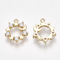 Real 18K Gold Plated Brass Cubic Zirconia Charms, Star and Moon, Clear, Real 18K Gold Plated, 12.5x10.5x2.5mm, Hole: 0.8mm