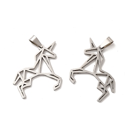 Stainless Steel Color 201 Stainless Steel Pendants, Unicorn Charm, Stainless Steel Color, 26x32x1.5mm, Hole: 6.5x3mm