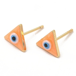 Naranja Aretes de triángulo esmaltado con mal de ojo, joyas de latón chapado en oro real 18k para mujer, naranja, 8x9 mm, pin: 0.8 mm