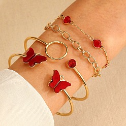 Red Light Gold Alloy Butterfly Cuff Bangle and Link Chain Bracelets Set, Resin Jewelry Set with Rhinestone, Red, 62~64mm, 4Pcs/set