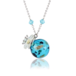 Deep Sky Blue Round with Crown Lampwork Perfume Bottle Necklaces, with Titanium Steel Chains, Deep Sky Blue, 23.62 inch(60cm), Capacity: 0.5ml(0.02fl. oz)