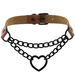Light coffee color (of spades) Fashionable Heart-shaped Black Chain Collar Necklace with Lock, PU Leather Material