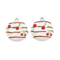 Real Platinum Plated Brass Enamel Pendants, Round with Cherry Charms, Real Platinum Plated, 17x16x6.5mm, Hole: 1.3mm
