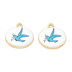 Deep Sky Blue Printed Brass Pendants, Oval with Bird Charms, Rack Plating, Long-Lasting Plated, Lead Free & Cadmium Free, Real 18K Gold Plated, Deep Sky Blue, 19x19.5x3.5mm, Hole: 2mm