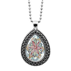 White Glass Teardrop with Mandala Flower Pendant Necklace with Ball Chains, Platinum Alloy Jewelry for Women, White, 23.62 inch(60cm)