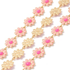 Pink 304 Stainless Steel Daisy Flower Link Chains with Enamel, Unwelded, Golden, Pink, 14x10x1mm
