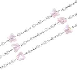 Pink 304 Цепочки из нержавеющей стали, АБС-пластика и стеклянных бусин, бабочка, пайки, с катушкой, цвет нержавеющей стали, розовые, 6.5x8x5 мм