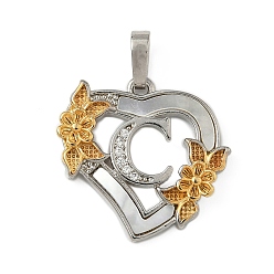 Letter C Латунь микропаве фианиты с подвесками-ракушками, Сердце и письмо, долговечный, без свинца и без кадмия, стойки покрытие, буква С, 20x20.5x3 мм, отверстие : 3.5x5 мм