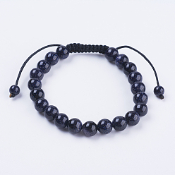 Goldstone Adjustable Nylon Cord Braided Bead Bracelets, with Blue Goldstone Beads, 2-1/8 inch(55mm)