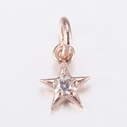 Rose Gold Brass Micro Pave Cubic Zirconia Charms, Star, Rose Gold, 8x6x2mm, Hole: 3mm